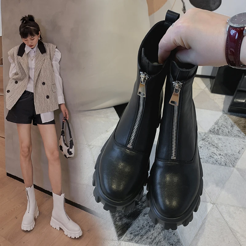 

Chunky high Heels Boots Winter Ankle Boots 2020 Newest Genuine Leather Platform Shoes Woman zippers Party shoes size 41 42