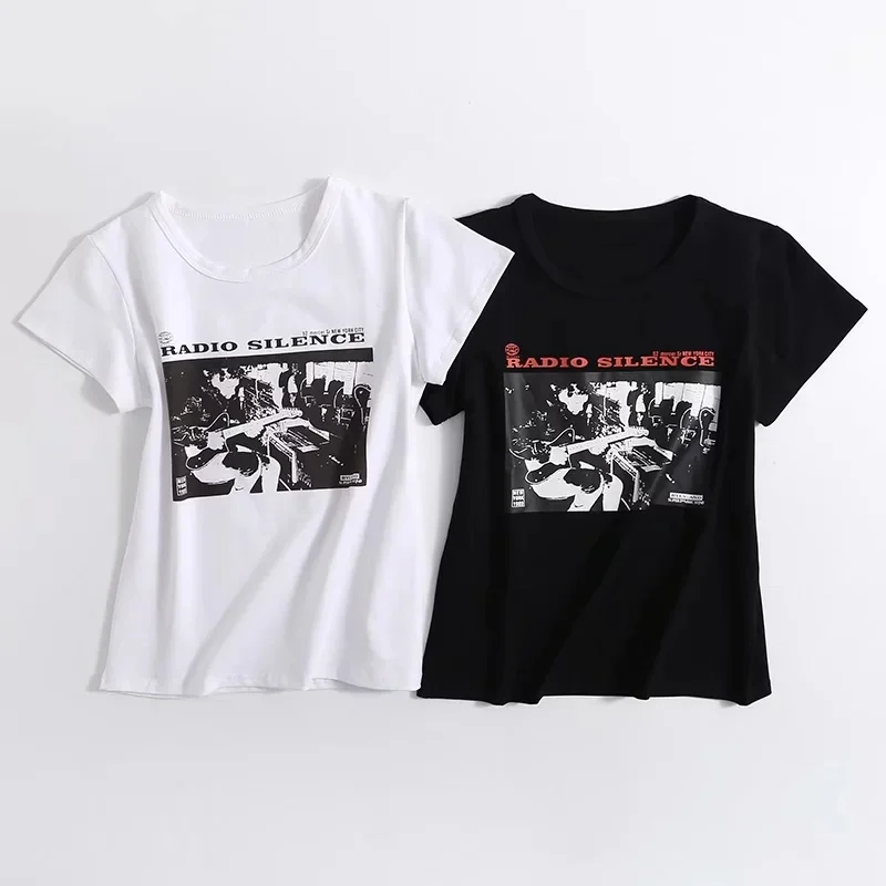WOMENGAGA Women "Radio Silence" Print Front Short Sleeve T-shirt Crop Top MV6Y images - 6