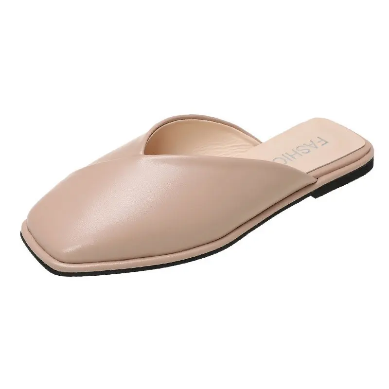 

Flat Shoes Female Woman's Slippers Square Toe Slides Loafers Low 2021 Summer Cover PU Basic Rome Fabric Rubber Hoof Heels