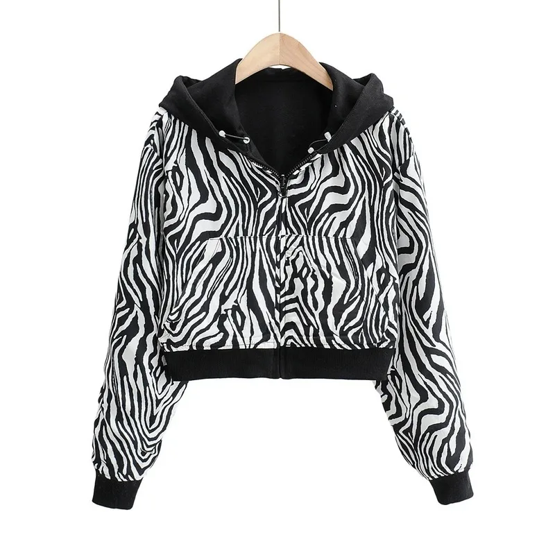 

Zip winter women hoodies pockets slim crop jacket female clothes drawstring sexy hoody cotton coats Leopard print on both sides