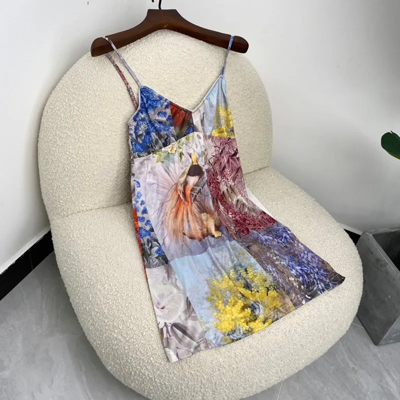 

High Quality 100% Silk V-neck Colorful Floral Print Mini Dress For Ladies Party 2 Pieces New Summer Fashion 2021