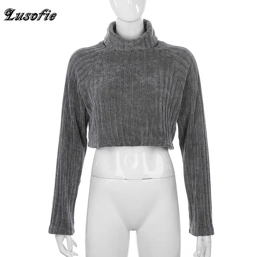 Lusofie/серый однотонный топ с длинными рукавами и высоким воротником Новинка