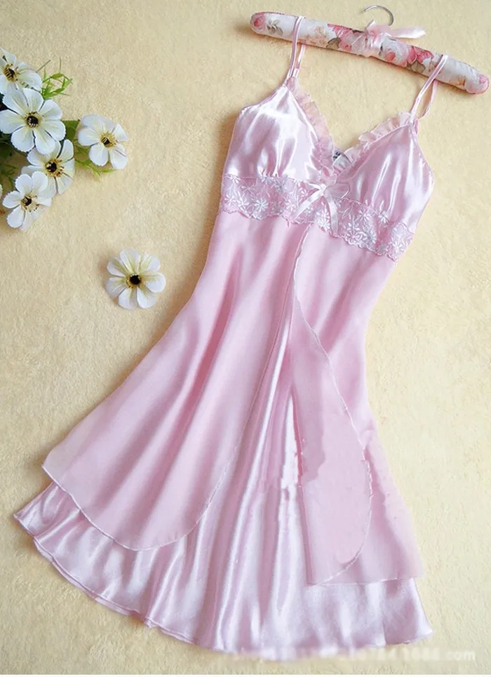 

2020 Women Sexy Silk Satin Night Gown Nightdress Lace Sleep Dress V-neck Nighties Night Shirt Fashion Sleepwear Nightwear