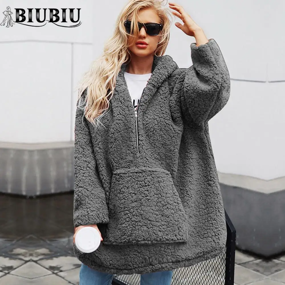 BIUBIU плюшевые женские толстовки с капюшоном теплые длинные зимние пальто однотонные осенние пуловеры толстовки с карманами на молнии женские флисовые свободные пальто