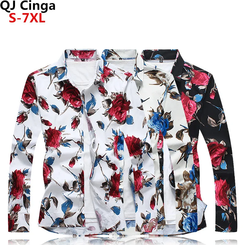 

Large Size Men's White Long Sleeve Printed Shirt Fashion Casual Black Floral Shirts Blue Rose Camisa/Chemise S-5XL 6XL 7XL