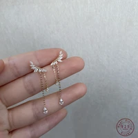 925 sterling silver pav%c3%a9 crystal wings stud earrings for women 14k gold plating chain tassel earrings french luxury jewelry