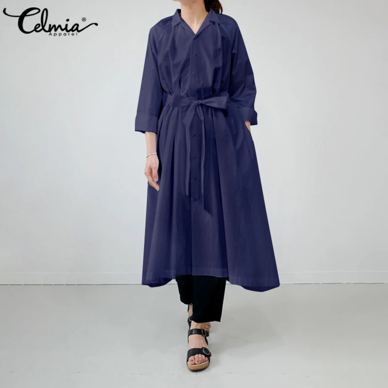 

Celmia Autumn Vintage Women Sundress 2021 Casual Dress Lapel Vintage Long Sleeve Midi Vestidos Buttons Loose Belted Party Robe