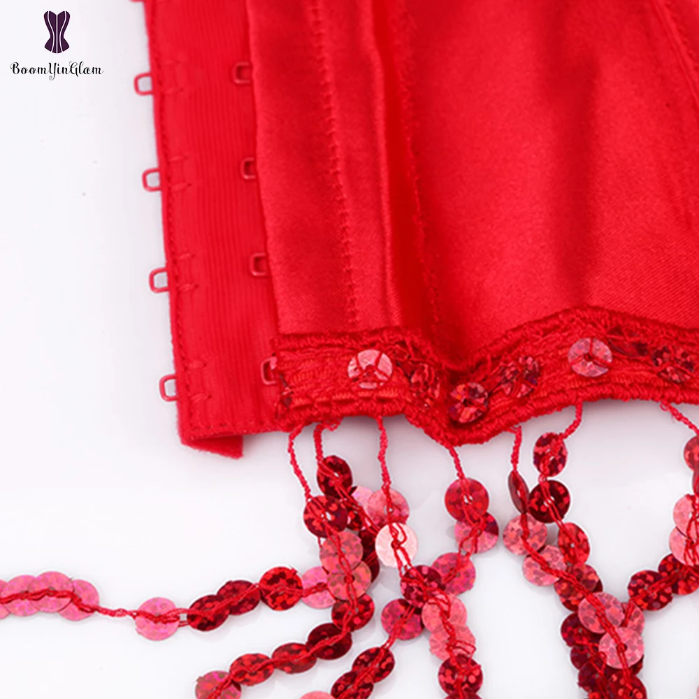 Красный женский винтажный корсет с кисточками без бретелек блестками со