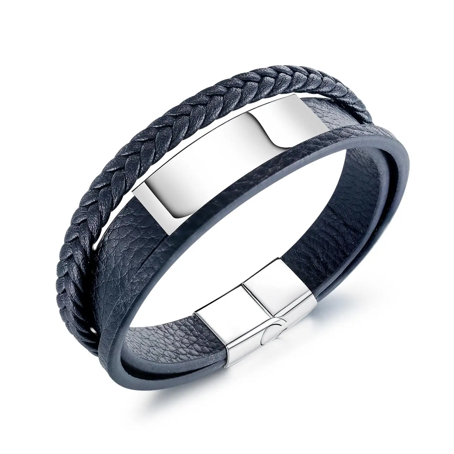 

Vintage Men Leather Bracelet Dark Blue Men Charms Stainless Steel Magnetic Clasps Multilayer Braided Bracelets Male Jewelry