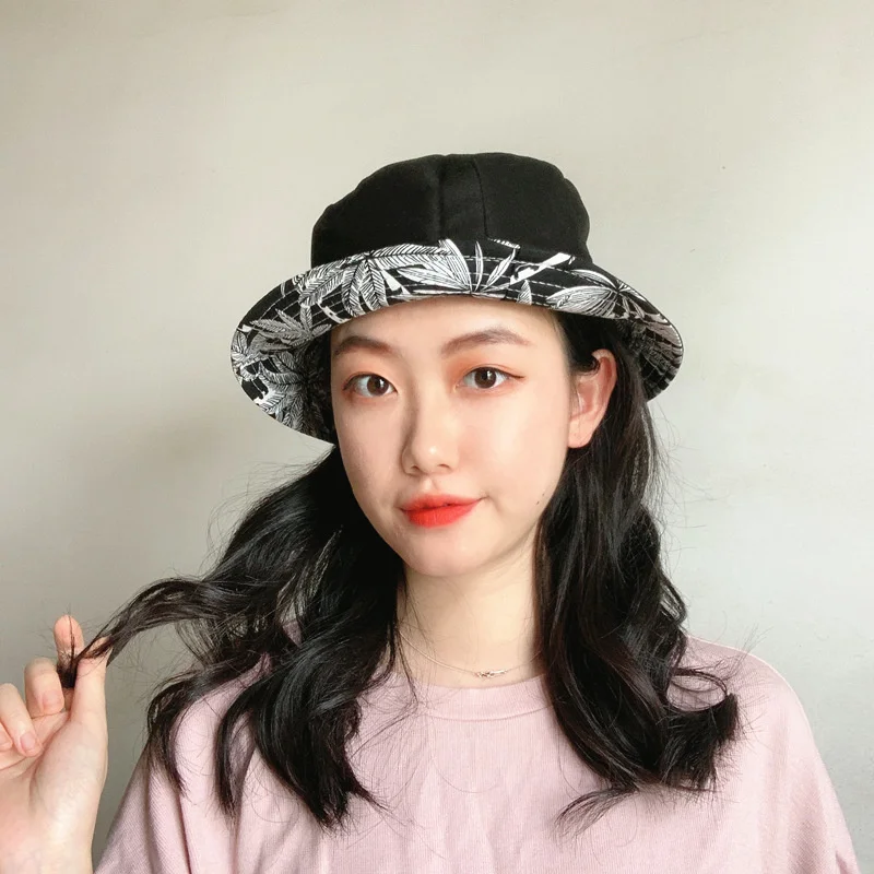 

Female hat print buckets style cotton hat double side sun caps girl cap