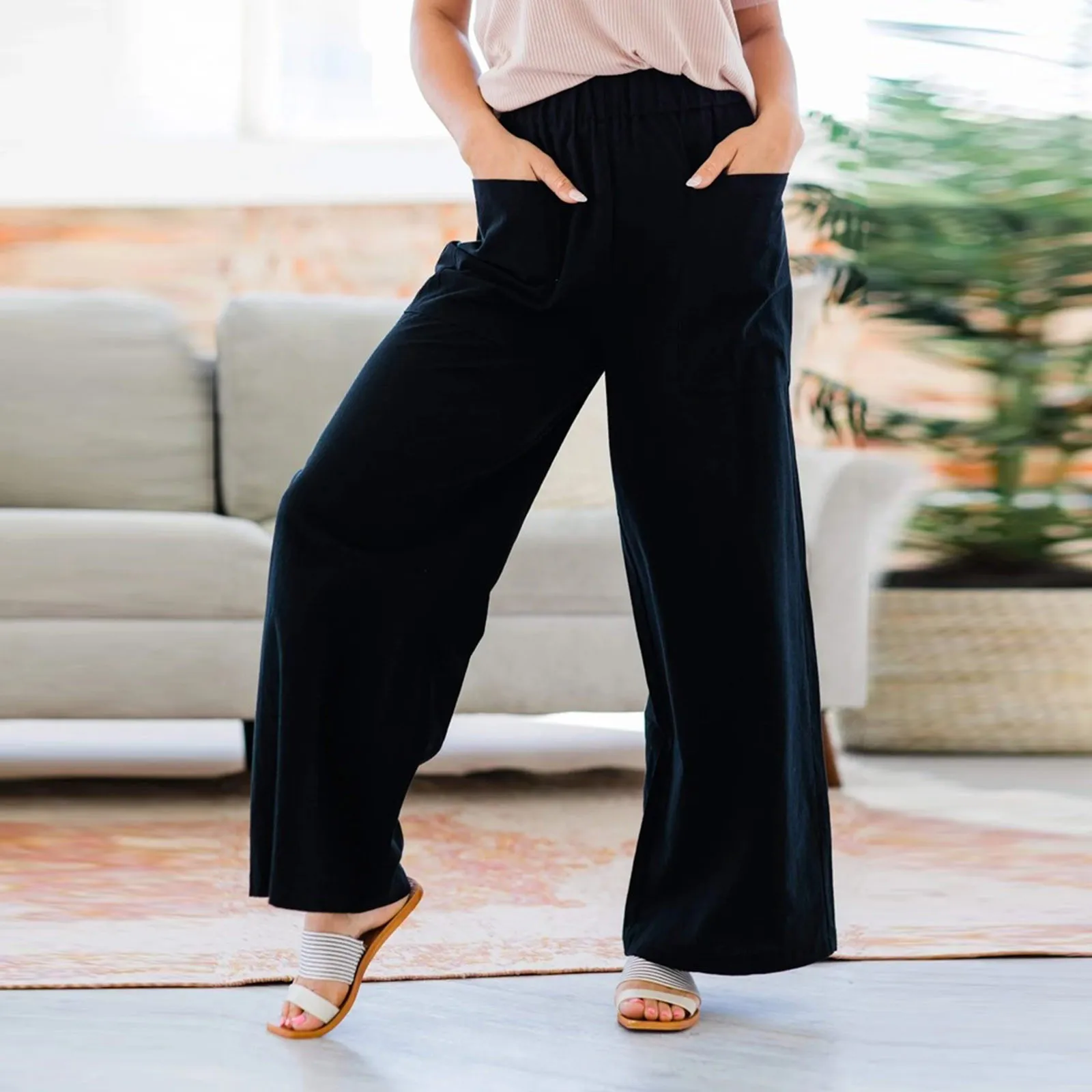 

Women Solid Tightness Cotton Linen Trousers Pocket Casual Loose Pants Clothes Solid Color Elastic Band Trousers Wide-leg Pants