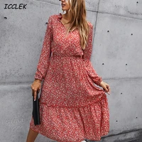 womens dresses high waist party dress femme floral printing long sleeves robes mujer 2020 midi dress vintage oversize clothing