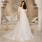 Пляжное свадебное платье Booma, платья невесты с V-образным вырезом, аппликацией, открытой спиной, кружевными декоративными манжетами, тюлевые Свадебные платья а-силуэта
