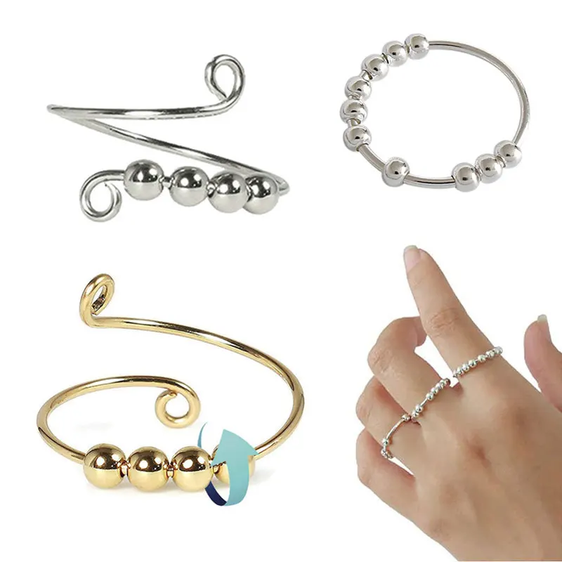 

edc Fidget anxiety Ring Beads Rotate Freely Anti Stress relief Adjustable Opening Silver Gold Color Finger Ring for Women girls