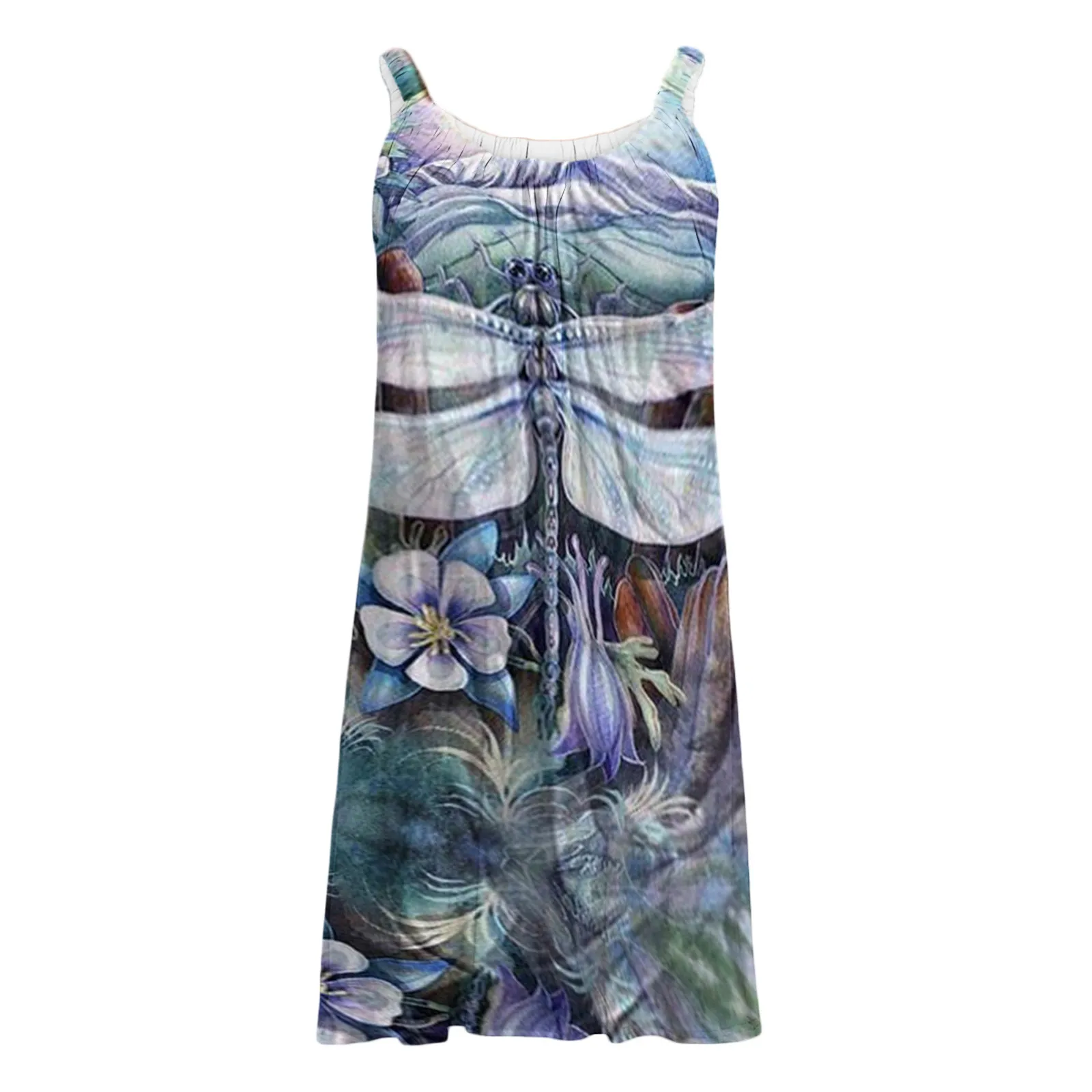 

Women's Fashion Sexy Sleeveless Biological Print Hem Print Loose Beach Dress Dragonfly flowers vestido de mujer