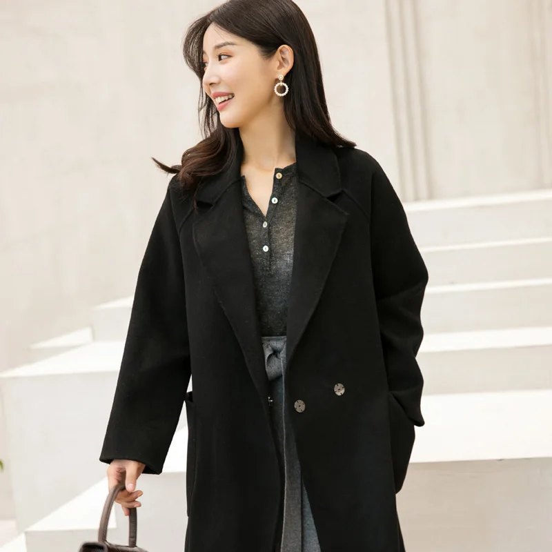 Женское кашемировое пальто длинное двухстороннее вечерние шерстяные осень зима