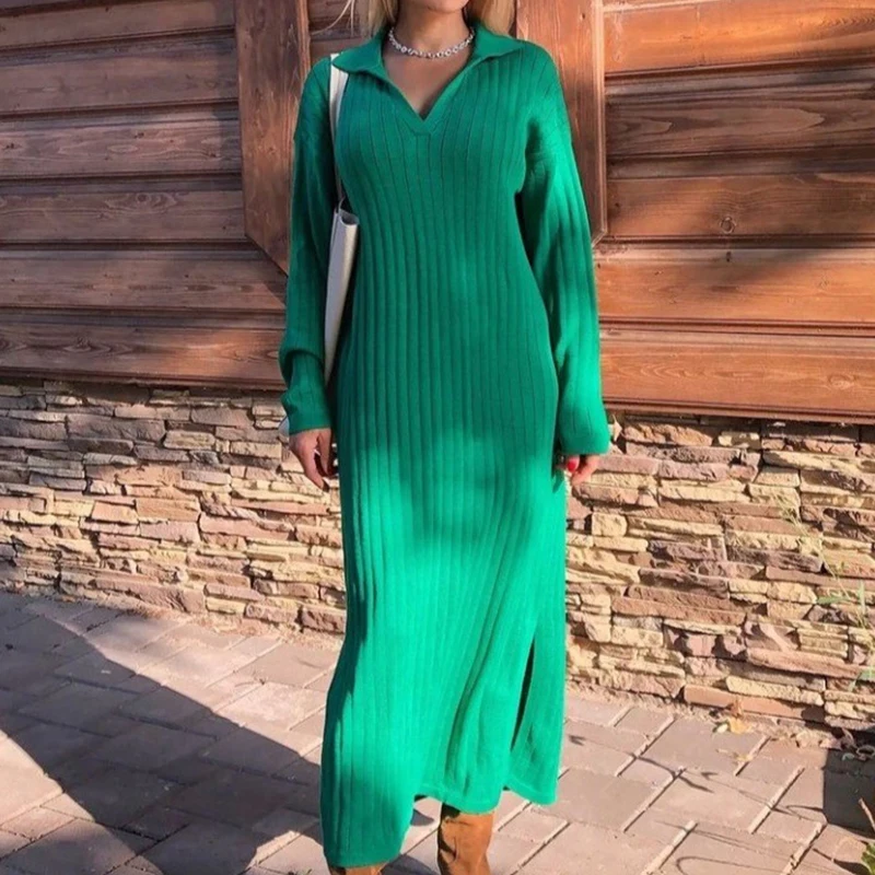 

Women Loose Knitted Long Dress Long Sleeve V Neck Elastic Casual Dress 2022 Spring Autumn Sexy Split Streetwear Sweater Dresses