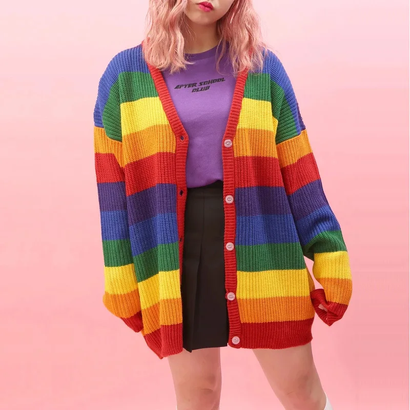Rainbow Striped Вязаный женский кардиган осень и зима KPOP Радужная одежда с полосками Женский Свободный Повседневный длинный свитер куртка пальто L0162 - Цвет: Rainbow Striped