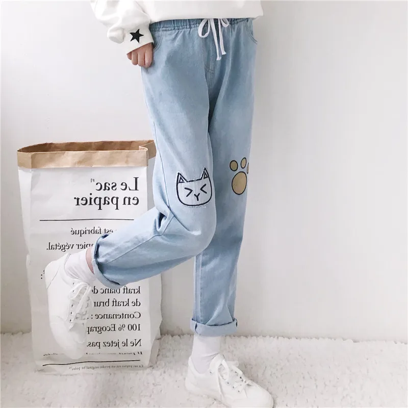Японский Стиль в стиле Mori Girl Kawaii Cat лапы Джинсы с вышивкой женские свободные брюки