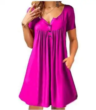 

2020 Summer Women O-Neck Short Sleeve Loose 6XL Plus Size Dress Fashion Casual Solid Mini Button Dress Female Fitted Clothing