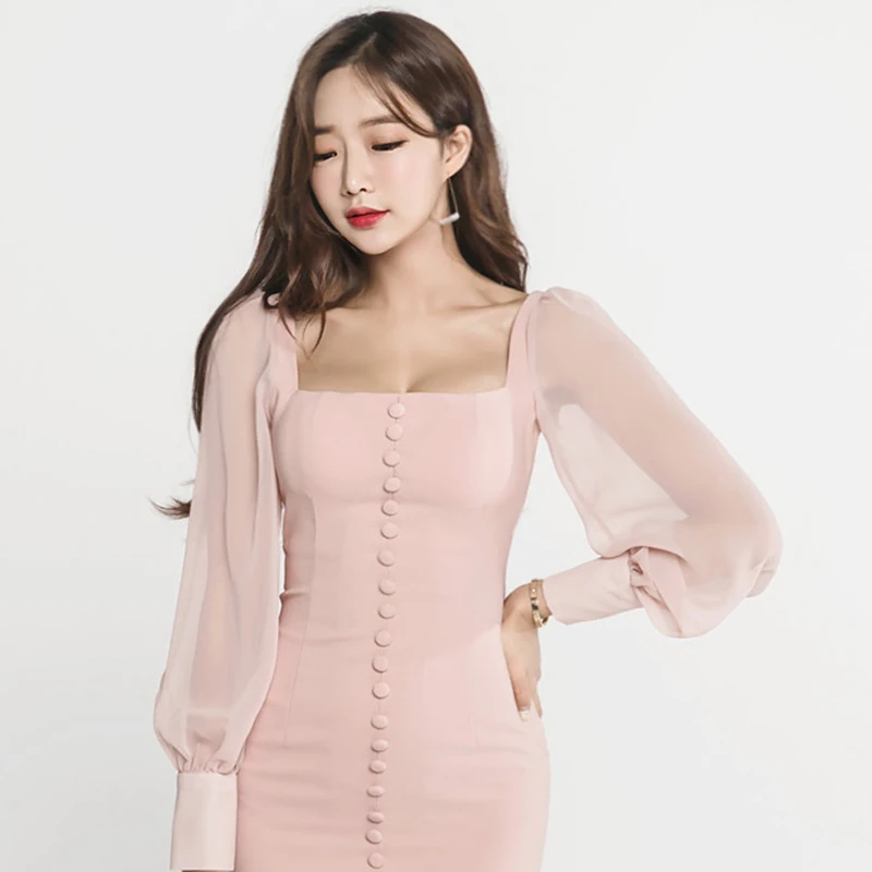 

Temperament Office Dress Square Collar Single-breasted Chiffon Stitching Long-sleeved Bag Hip Slim Dress 2021Spring Party Dress