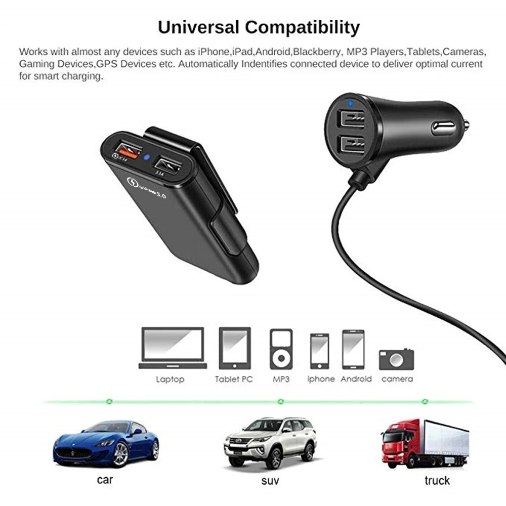 Быстрое зарядное устройство QC 3,0 3.1A 4 порта USB Автомобильное зарядное устройство быстрое автомобильное зарядное устройство 5.6ft удлинитель для заднего сиденья iPhone iPad Xiaomi зарядное устройство