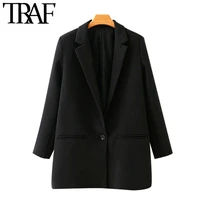 traf women fashion office wear single button blazers coat vintage long sleeve pockets female outerwear chic tops