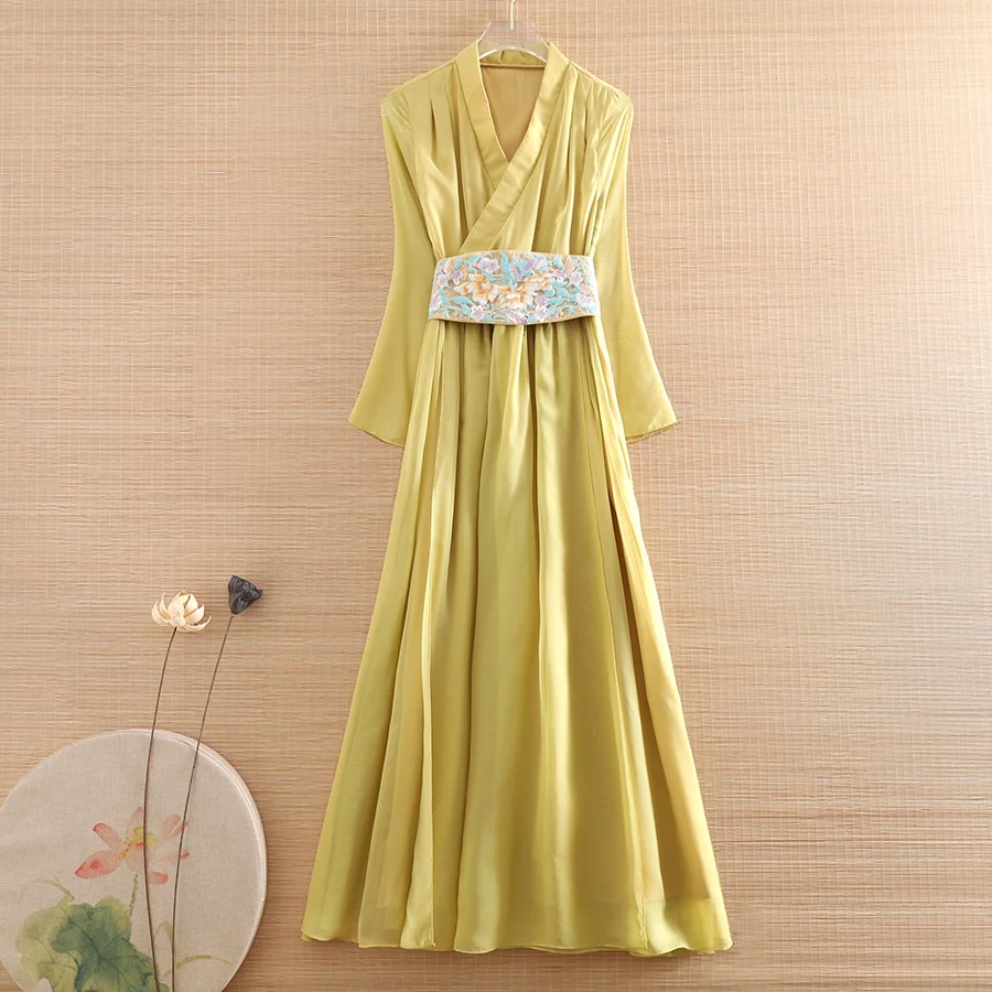 

High Quality Spring Summer Chinese Style Hanfu Dress Embroidery V-neck Retro Elegant Belt Women Dress S-XXL