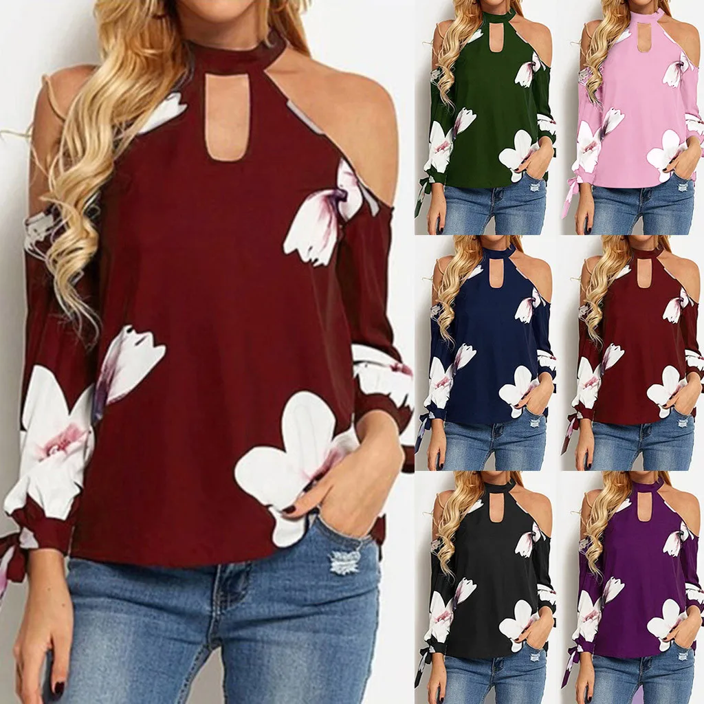 

Women's Explosive Strapless Print Long Sleeve Shirt Solid Color Round Neck Print Ladies Casual Top Shirt 40*