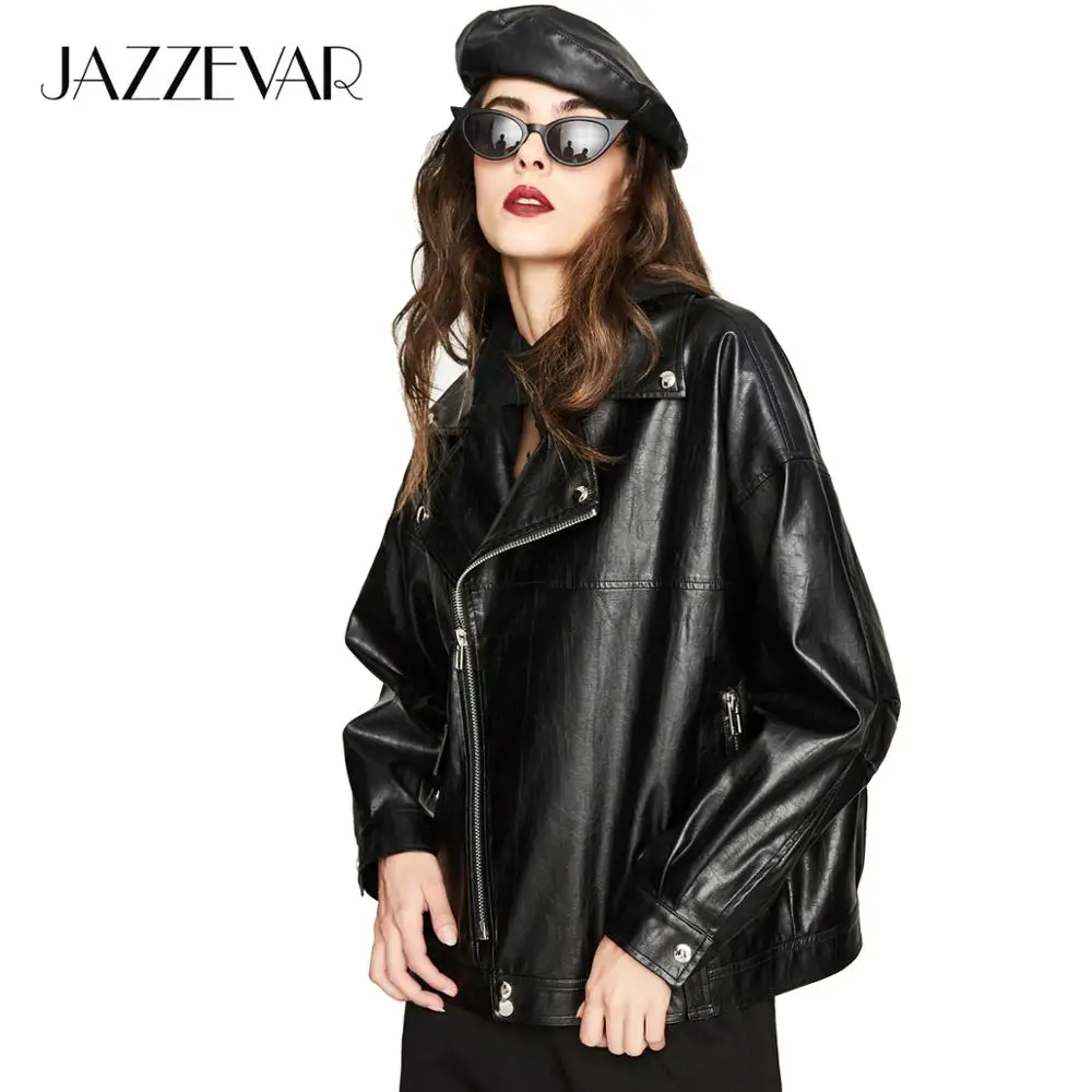 JAZZEVAR Новая кожаная куртка Осенняя модная уличная женская промытая искусственная кожа короткая кожаная куртка негабаритная куртка на молнии косуха хорошее качество YA7017