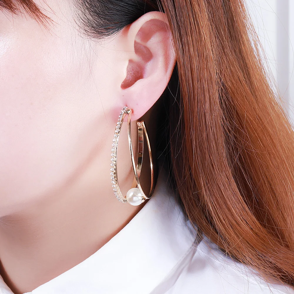 HanCheng Мода Западный стиль Большой Круглый Круг висячие серьги с жемчугом стразы