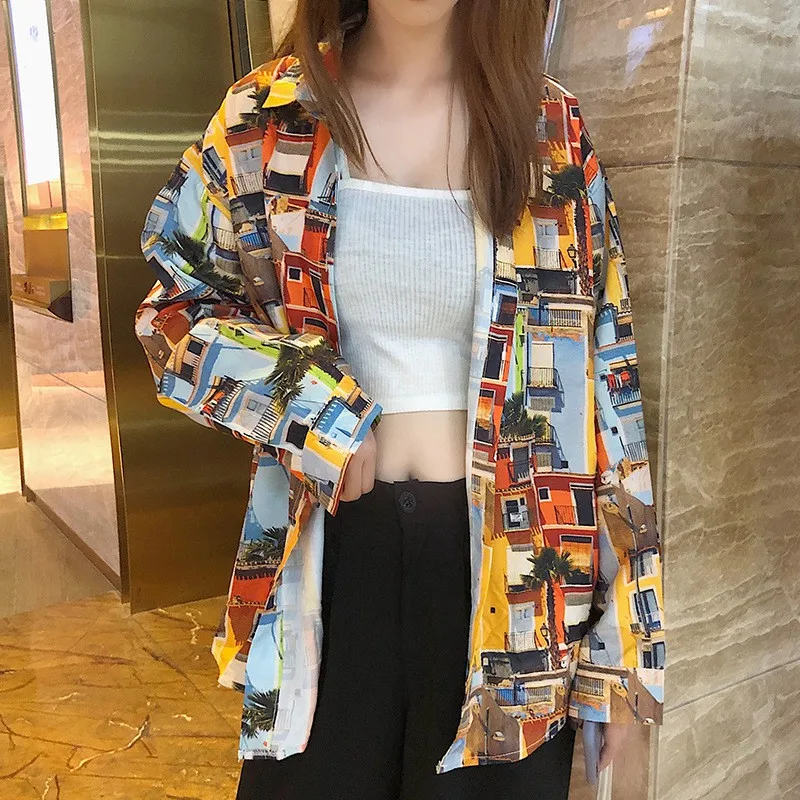 

Japanese Harajuku Shirts Women Printed Lapel Long Sleeve Vintage Blouse Ladies Fall Trendy Blouses Clothes