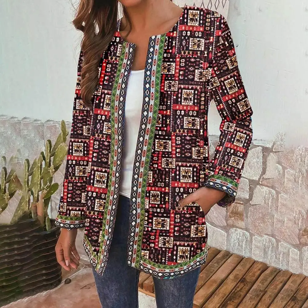 

Женский винтажный кардиган с этническим принтом, осенне-зимнее пальто, женская куртка большого размера, женская верхняя одежда, женская кур...