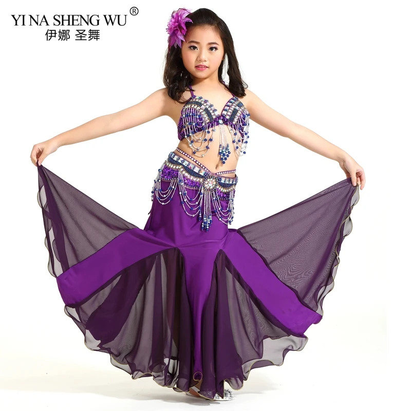 Purple-Bra-BeltSkirt Детские танцевальные костюмы, комплект для девочек, Восточный танец живота, расшитый бисером, с кисточками, новая детская одежда для сцены, танцевальная одежда, комплект из 2 предметов/3 шт - Цвет: Purple-Bra-BeltSkirt