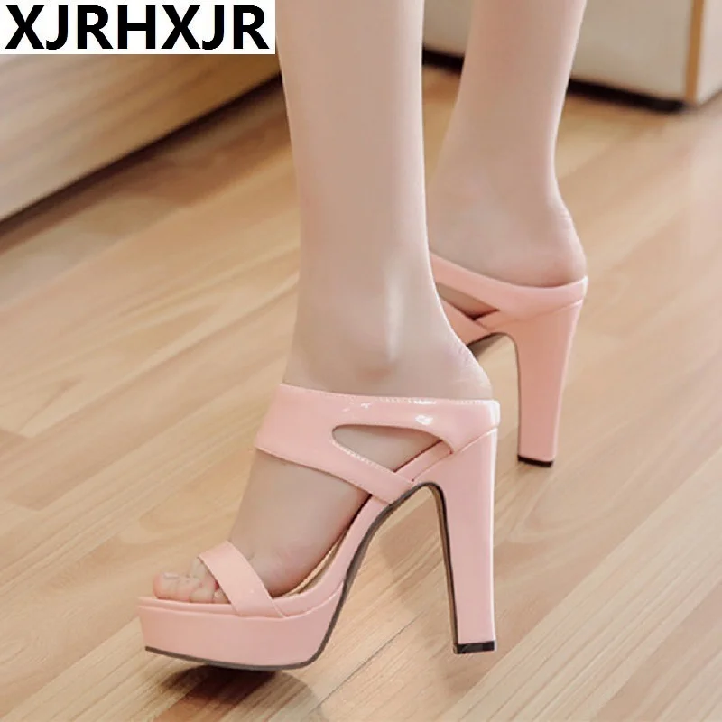 XJRHXJR Plus Size33-43 Open Toe Platform Shoes Summer Slippers Woman 2020 Patent Leather Slides Women High Heels Ladies | Обувь