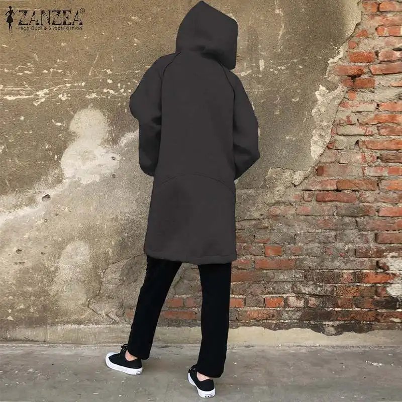 ZANZEA/Новинка года; Модные женские толстовки с капюшоном; осенние толстовки с капюшоном и длинными рукавами; куртки; пальто; большие размеры; Повседневная Верхняя одежда на молнии; 5XL