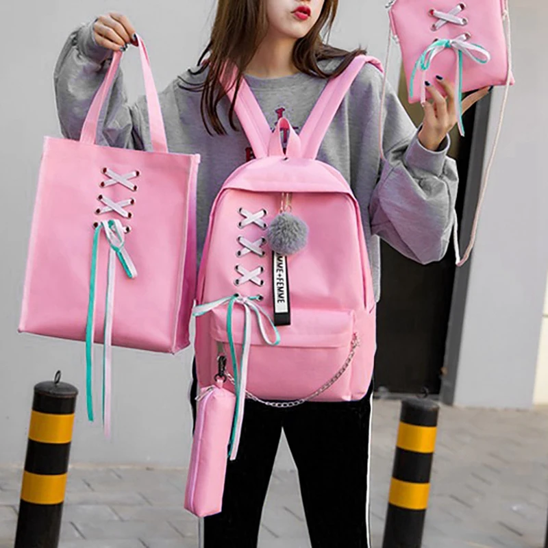 

8Pcs Ribbon Chain Bowknot Letter Canvas Travel Leisure Backpacks for Teenage Girls School Bagpack, Black & Pink