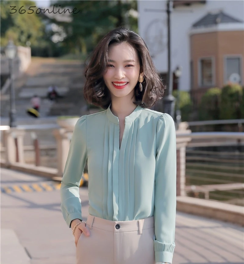 Блузка Женская Офисная с длинным рукавом модная зеленая рубашка одежда для