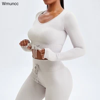 wmuncc womens yoga shirts seamless clothes gym athletic running long sleeve sports crop tops lace up with thumb hole
