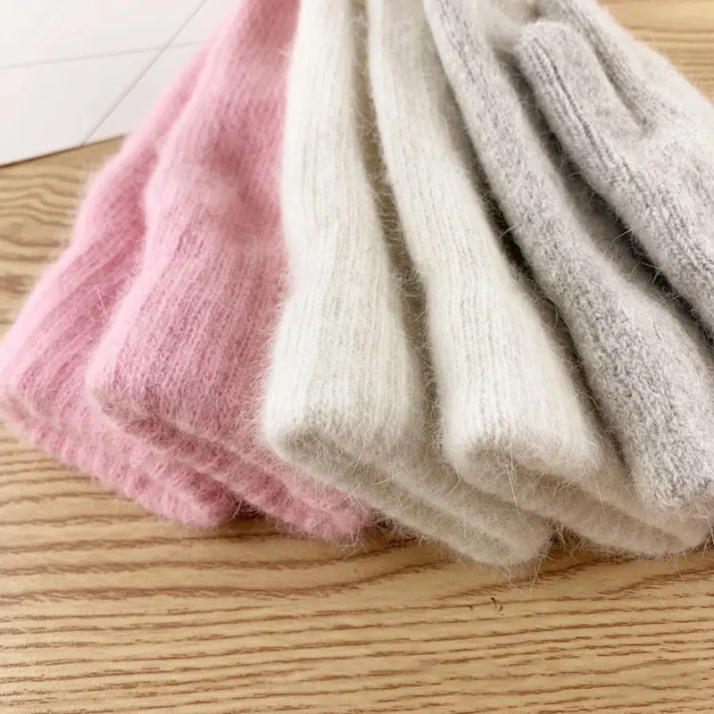 

Soft Warm Plush glove Double Layer Full Finger gloves Short Rabbit Fur Mittens Riding Cycling Gloves Solid Thicken Knitted Glove