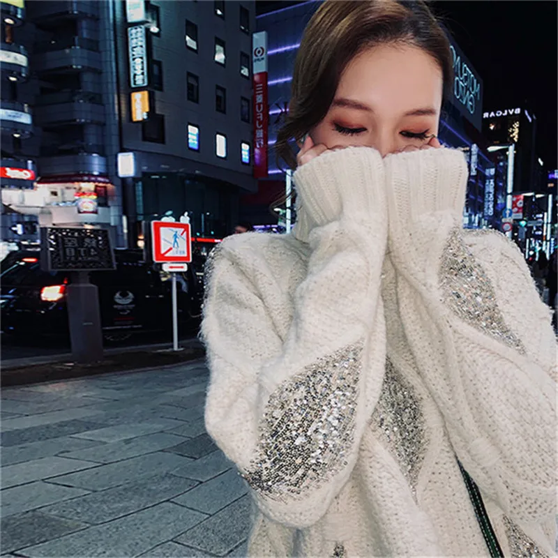 Винтажные свободные вязаные свитера с блестками Женская мода 2022 водолазка