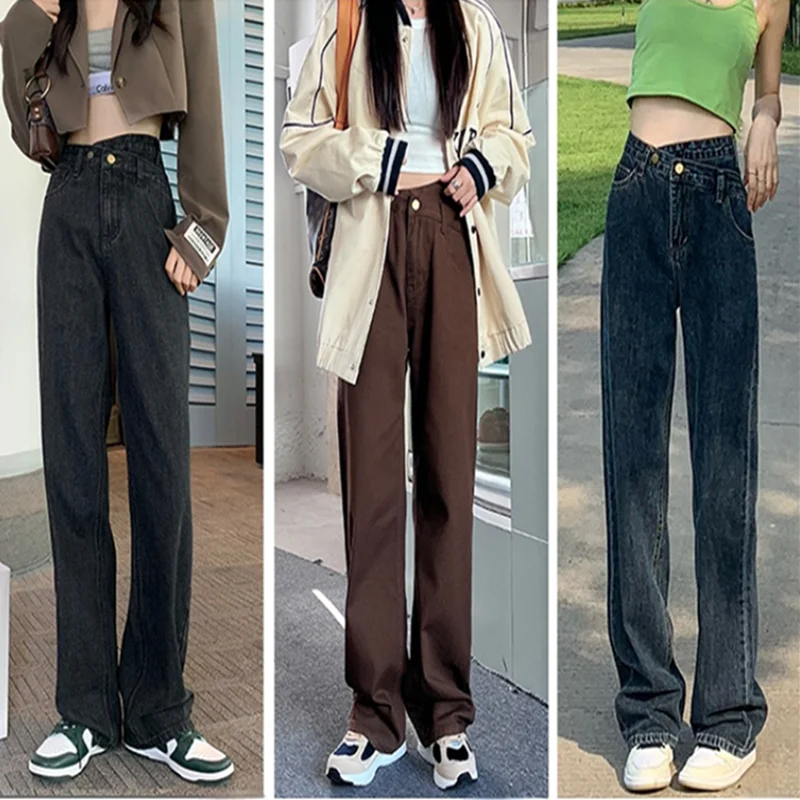 

2022 Women's Straight leg Loose high Irregular waist brown dark blue grey wide leg jeans xs jeans high waisted jeans woman jeans