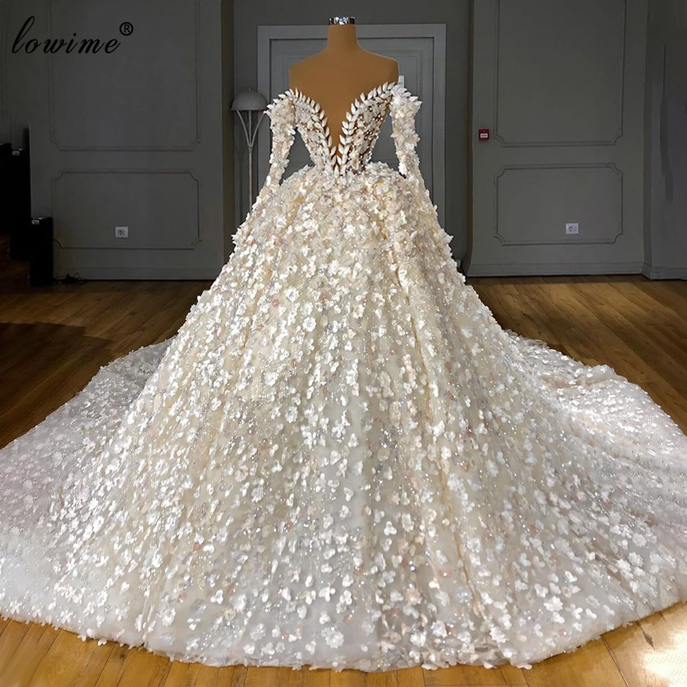 Di lusso Della Principessa Fiori Abiti Da Sposa 2020 Bianco Che Borda Abiti  Da Sposa Maniche Lunghe Abiti Da Spose Abiti Da Sposa Su Misura