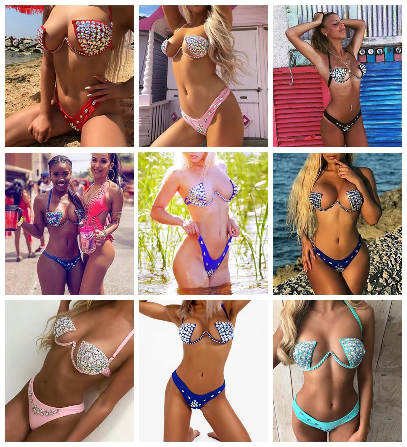 Shiny Crystal Rhinestones Bathing Suits Bandage Hollow Out Padded Sexy Tight Bikini Set Summer Beach Pool Women Swimming Suits