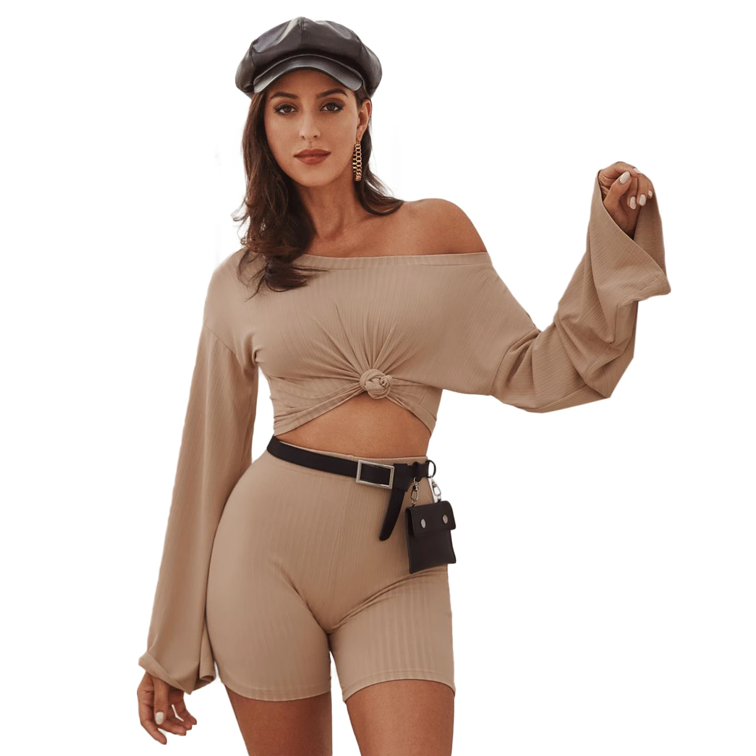 

2020 New Fashion Womens Long Sleeve T-shirt Shorts Suit Fashion Solid Color Oblique Shoulder Top and Tight High-waist Pants