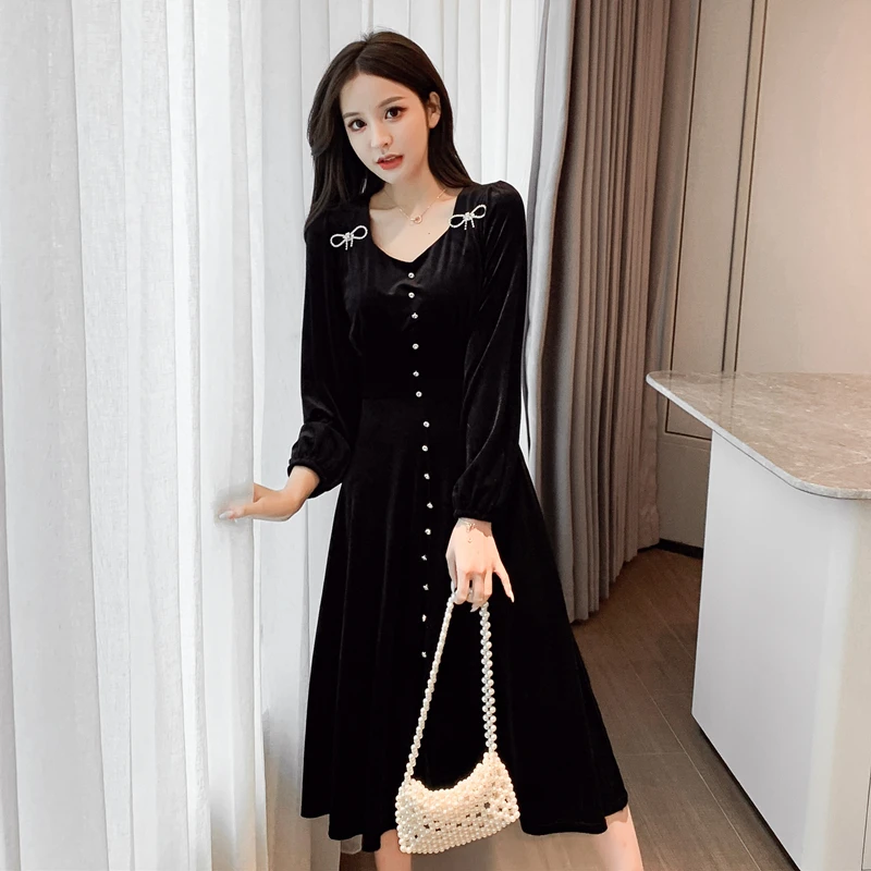 

Make new winter French retro pleuche dress long temperament little black dress
