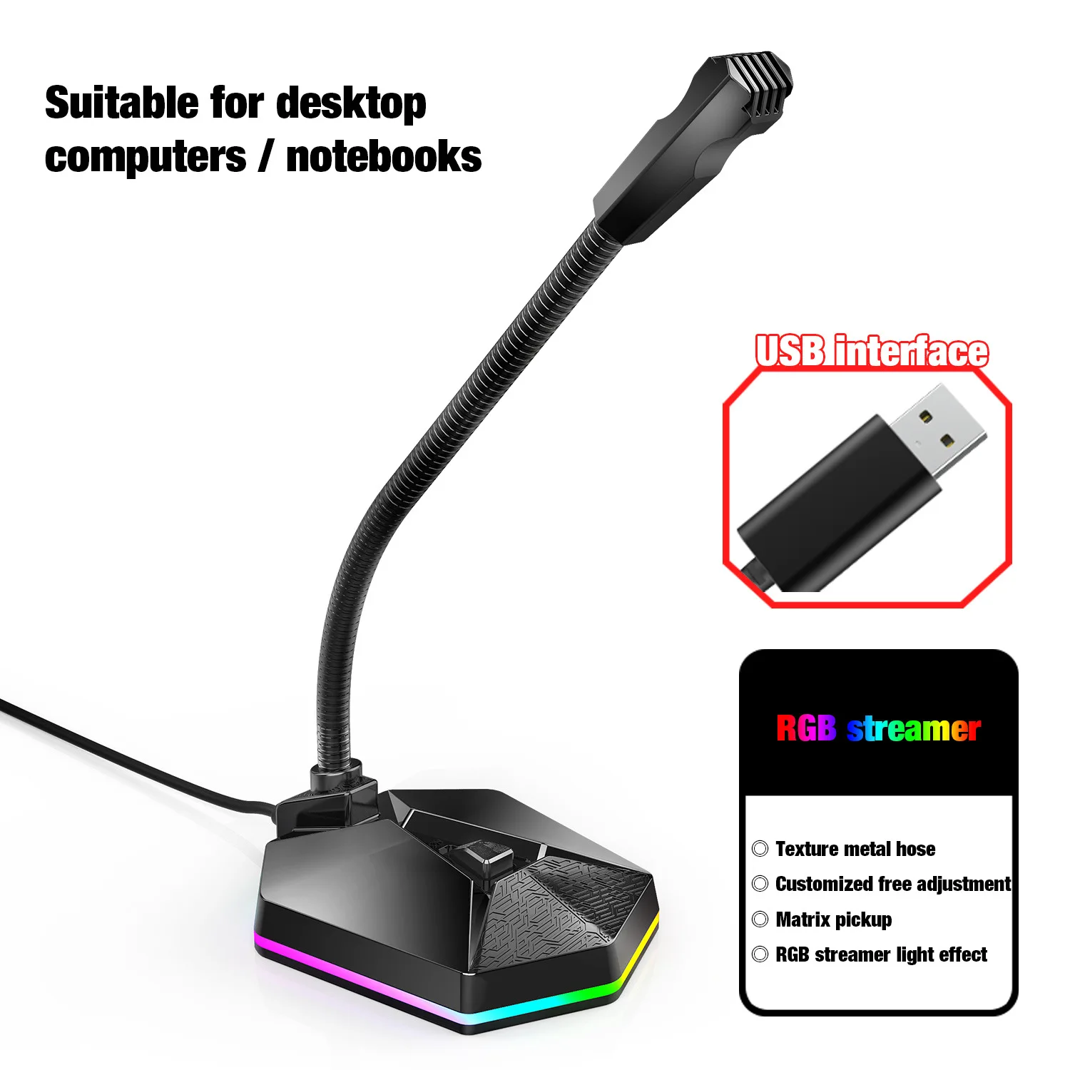 

USB-микрофон RGB, светящийся, Гибкий микрофон с драйвером, Бесплатный голосовой чат, видеоконференции, ПК, микрофон для записи в реальном време...