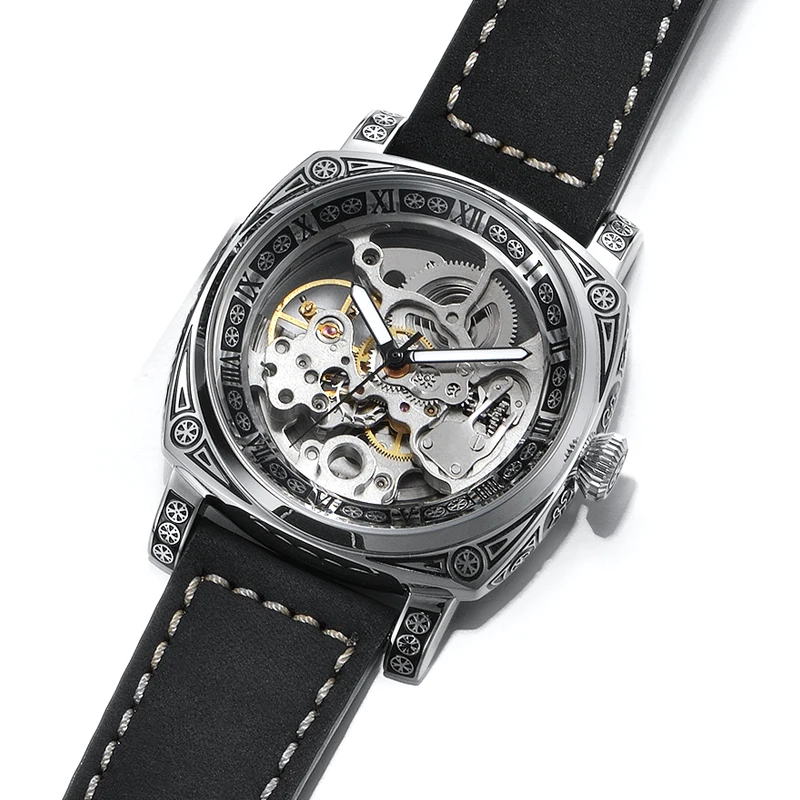 

New Luxury Punk Pilot Skeleton Mechanical Men's Watch Chronograph Military Waterproof Men Watch Luminous Business Leather Watch