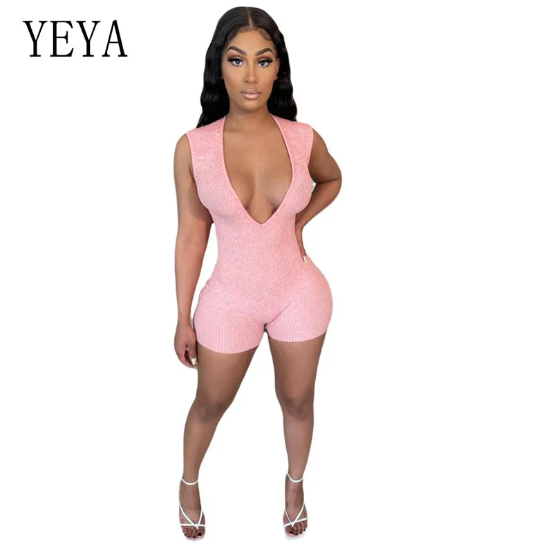 

YEYA Sexy V-Neck Romper Fitness Backless Ribbed Knitted Bodysuit Shorts Summer Solid Skinny Female Jumpsuit Women Clothes
