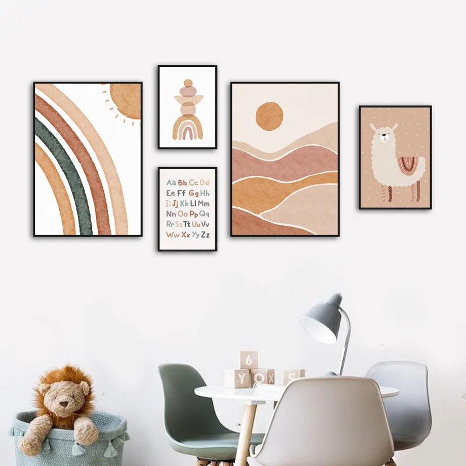 Мультяшная лама Гора Радуга алфавит любовь детская стена Художественная печать